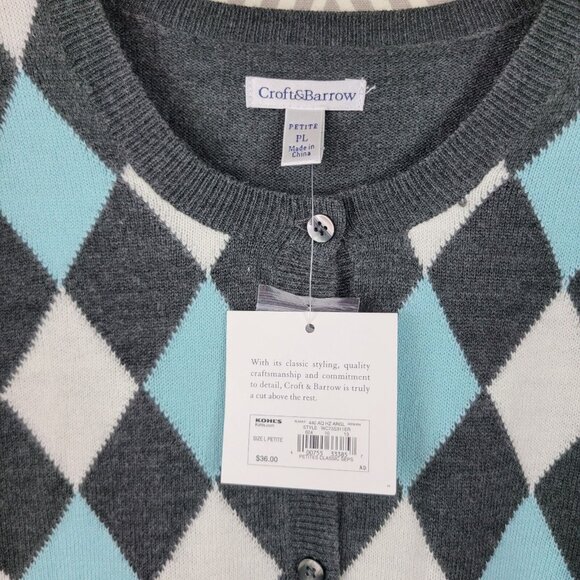 New Croft Barrow Cardigan Sweater size Large Petite Argyle Blue Gray Button Up - Picture 5 of 7